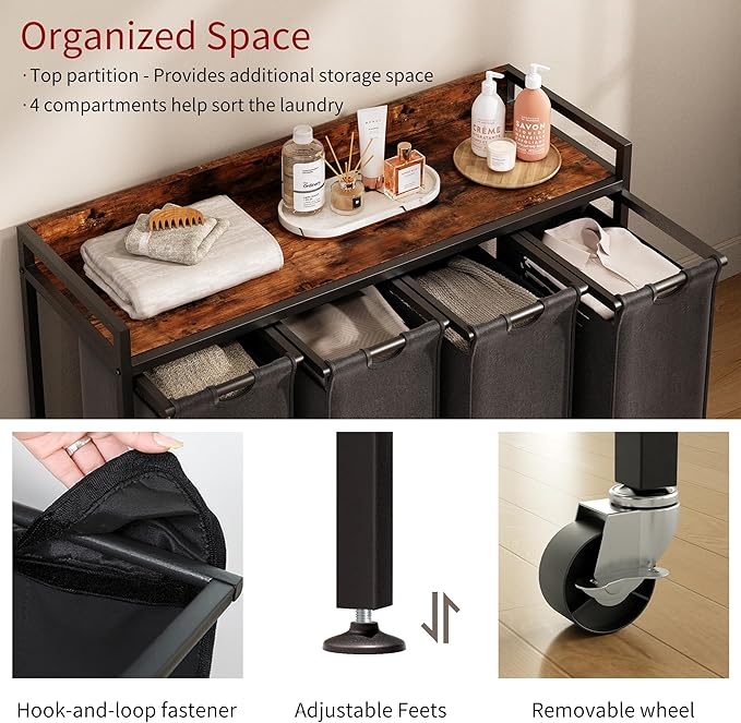 Laundry Hamper with Shelf, Laundry Basket 4 Section, Laundry Sorter with Pull-Out Removable Large Bags and Movable Wheels, Metal Frame, 4 x 15.87 Gallons (60L), Rustic Brown + Blck PF07XLY