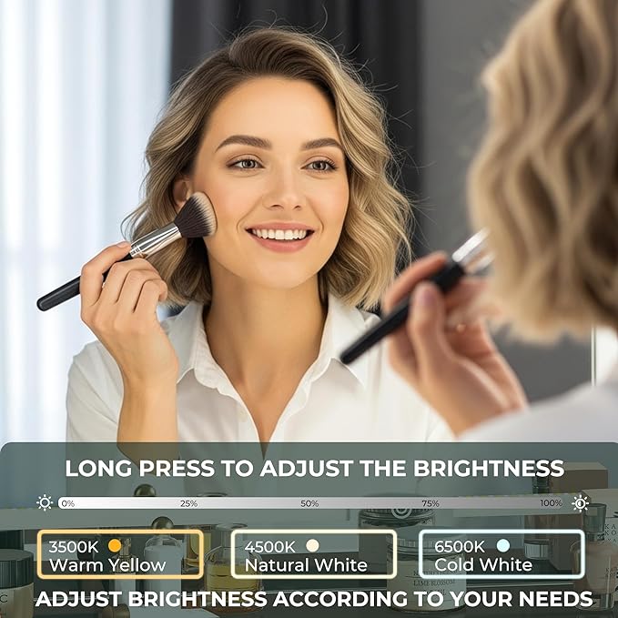 White Vanity with Lighted Mirror, 11 Drawers Vanity Mirror with Lights, 46" Makeup Vanity Desk with 3 Lighting Modes Adjustable Brightness, Vanity with Glass Top for Bedroom