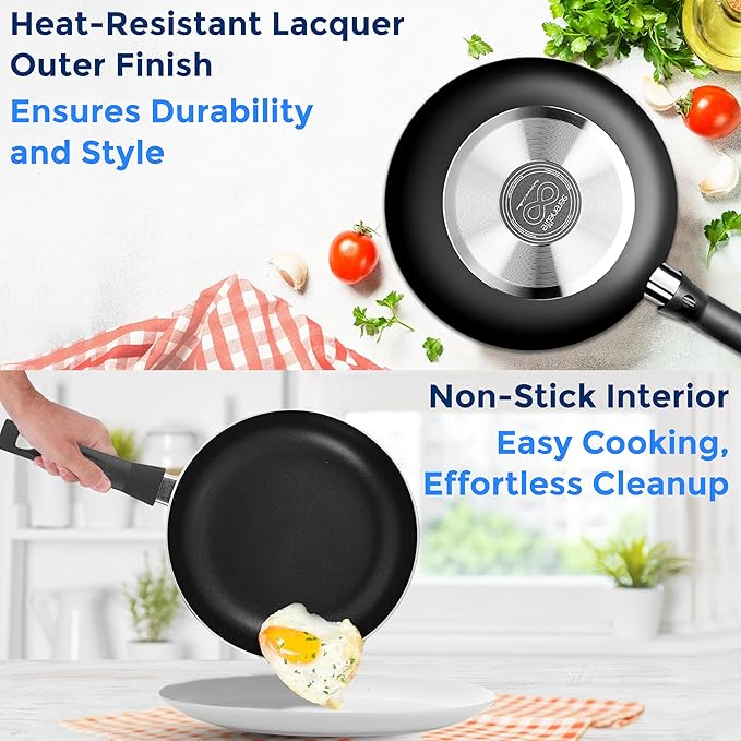 20-Piece Nonstick Kitchen Cookware Set - PTFE/PFOA/PFOS Free Heat Resistant Lacquer Kitchen Ware Pots Pan Set w/Bakelite Handles, Saucepan, Frying Pans, Lid, Knife Set - SereneLife SLCW20BLK (Black)