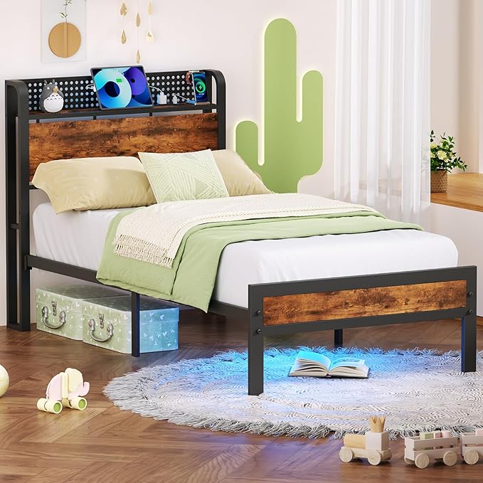 Furnulem Bed Frame Twin Size with LED Lights & Charging Station,Bedframe with Wood Storage Headboard,Metal Platform Bed with Under Storage,USB Port,Strong Metal Slats,No Box Spring Needed