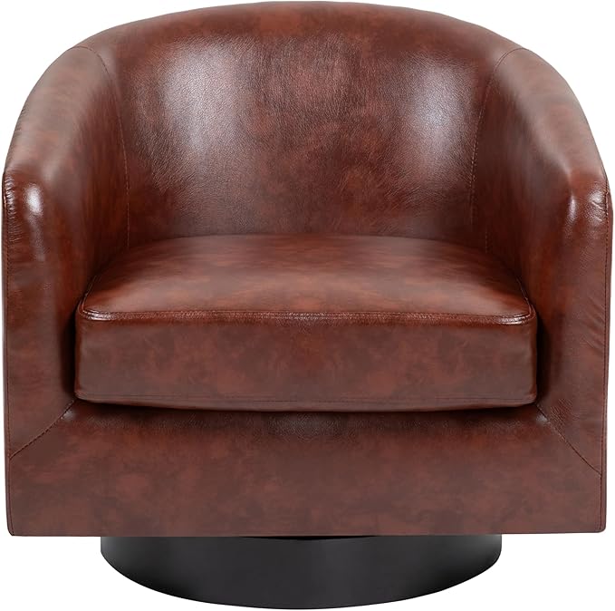 UIXE PU Leather Swivel Accent Chairs Set of 4, Barrel Club Chair Upholstered Armchair for Living Room - Red Brown
