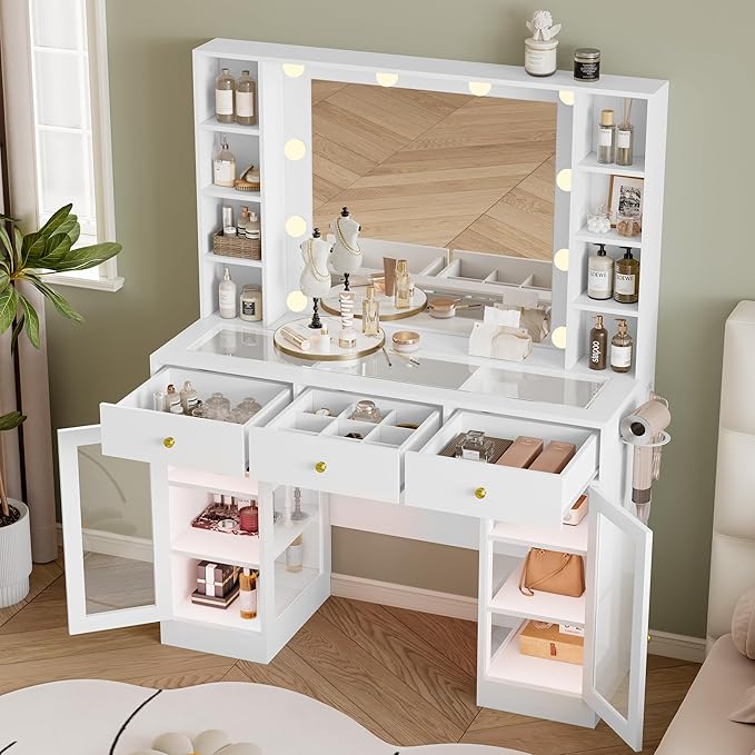 Makeup Vanity Desk with Mirror and Lights, White Vanity with Glass Top, LED Lights & Power Outlet, 3 Drawers & 2 RGB Glass Cabinets, Adjustable Lighted Dressing Table for Women & Girls Bedroom