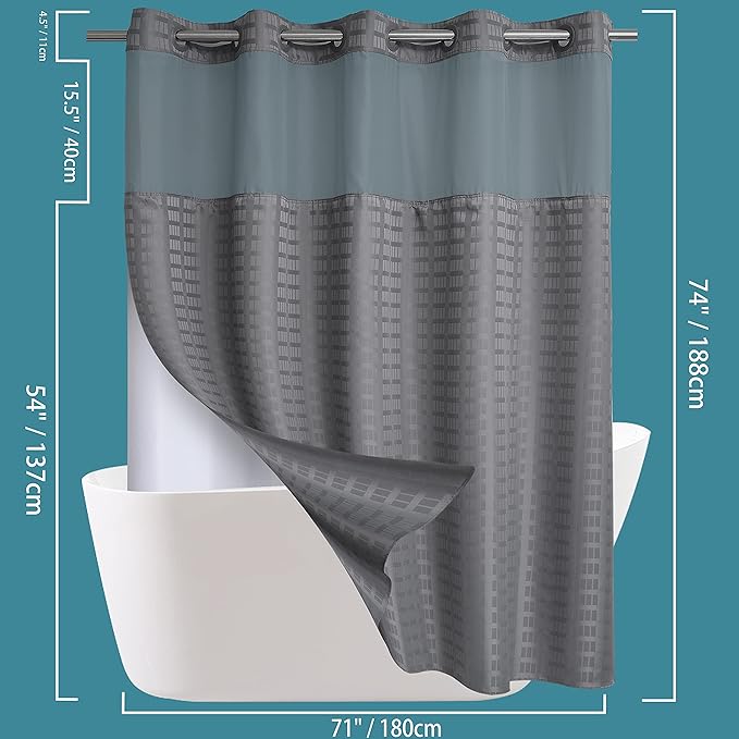 Conbo Mio No Hook Shower Curtain with Snap in Liner Set, Hotel Luxury Grey Shower Curtains for Bathroom with See Through Top Window, Waterproof, Washable 71W x 74H