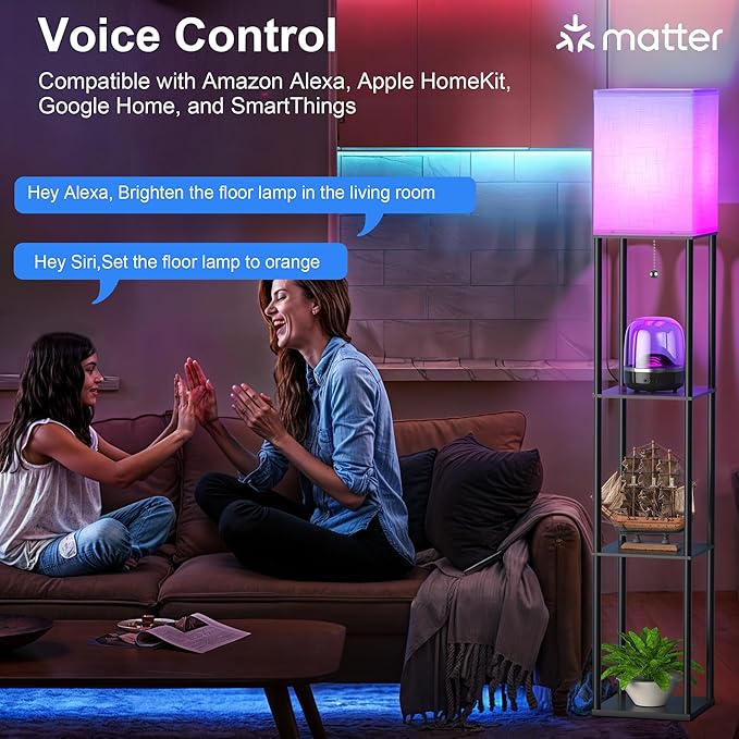 Floor Lamp with Shelves for Living Room with Matter Smart LED Light Bulb Works with Google Home/Alexa/Apple Home/SmartThings/Siri, Modern Standing Lamp Color Changing Corner Light Bedroom Home Decor