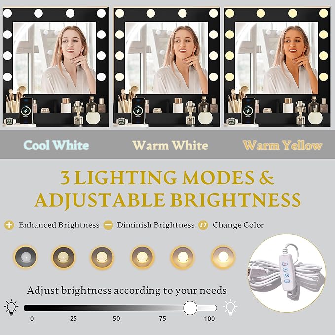 Vanity Desk with Mirror and Lights, Small Makeup Vanity Table Set with Storage Drawers & Power Outlets & Chair, 3 Lighting Modes & RGB Ambient Light, Dressing Table for Women Girls Bedroom, Black