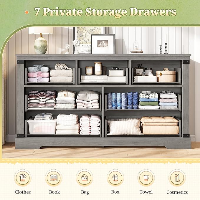 Hasuit Farmhouse 7 Drawers Dresser for Bedroom, Wooden Long Dresser Chest of Drawers with Thick Styling, Large Capacity Closet Storage Dressers Organizer, Wide Dressers for Bedroom, Hallway, Oak Gary