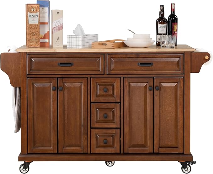 Generic 60.5"" Kitchen Island on Wheels, Rolling Island Table for Kitchen with Double Storage Cabinet and 5 Drawers, Portable Kitchen Cart with Rubber Wood Top, Mahogany, Large