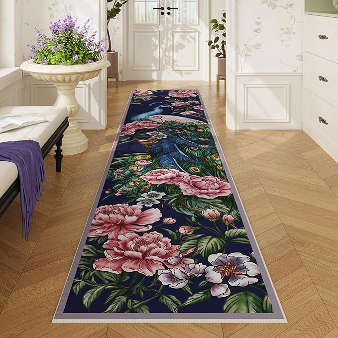 Runners for Kitchen Runner Rug 2'x10' Long Washable Rugs with Rubber Backing Soft Floral Peacock Animal Carpet Runner for Kitchen, Laundry, Bedroom, Bathroom (Cobalt Blue)