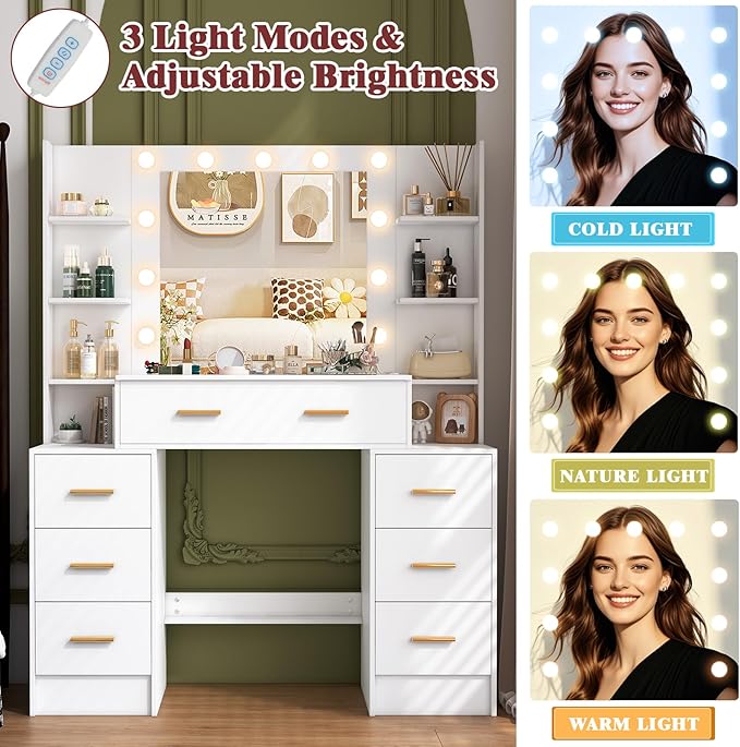 Vanity Desk with Mirror and Lights, Big Makeup Vanity Table Set with Drawers, White Vanity with Lighted Mirror for Bedroom, Dressing Table for Teen Girls and Adult Women, Gold