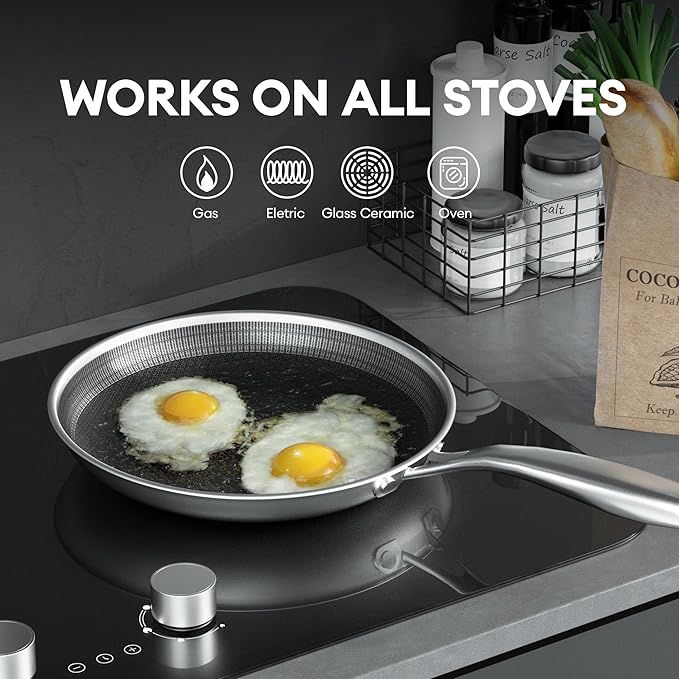 COOKING KING 12-Inch Stainless Steel Pan, Hybrid Nonstick Frying Pan, Skillet, 3-Ply Clad Cookware, Even Heat Distribution, Dishwasher & Oven Safe, with Stay-Cool Handle, Induction Compatible