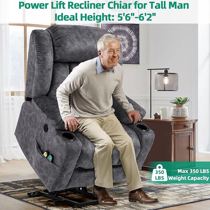 VIVIJASON Tall Man Large Power Lift Recliner Chair with Massage and Heat for Elderly, Overstuffed Wide Electric Lift Recliner w/Extended Footrest, 2 Cup Holder, Side Pockets & USB Ports, Fabric Grey