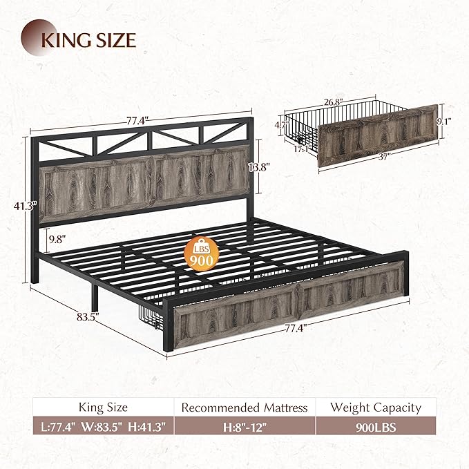 EnHomee King Size Bed Frame with Headboard and Storage, 2 Drawers & LED Light Farmhouse King Bed Frame Built in Charging Station,NO Noise,No Box Spring Needed,Grey