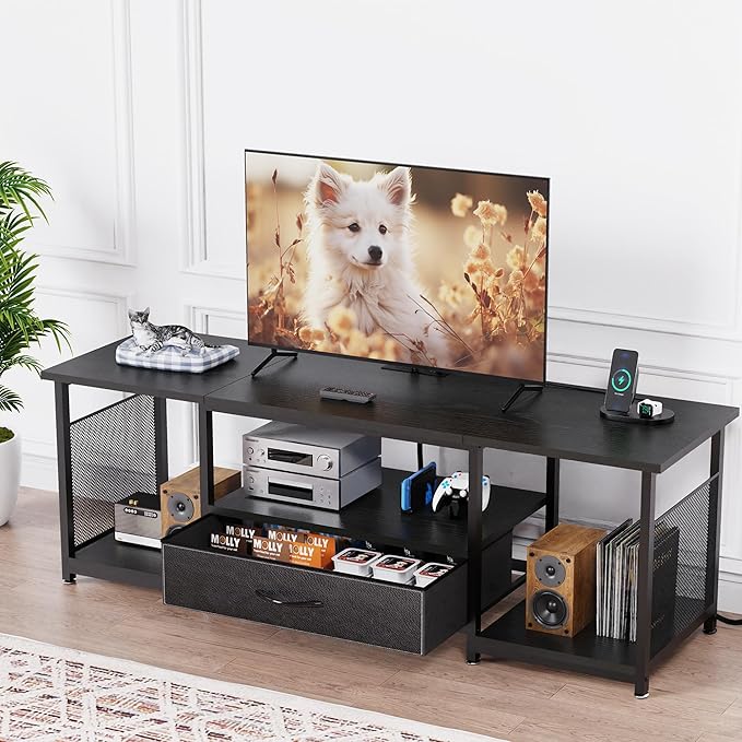 TV Stand with Drawers and Power Outlet for 65 60 55 Inch TV, Entertainment Center with Open Storage Shelves, Industrial Media TV Console Table for Living Room Bedroom Office, Black