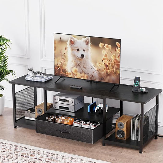 TV Stand with Drawers and Power Outlet for 65 60 55 Inch TV, Entertainment Center with Open Storage Shelves, Industrial Media TV Console Table for Living Room Bedroom Office, Black