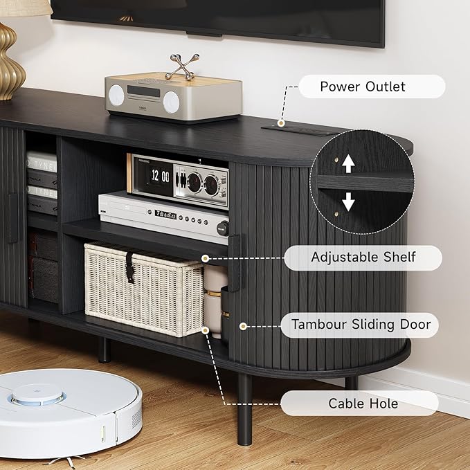 55" TV Stand with Power Outlet, Modern Media Console with Sliding Doors, Entertainment Center for TVs up to 60 Inch, Adjustable Shelves, Black
