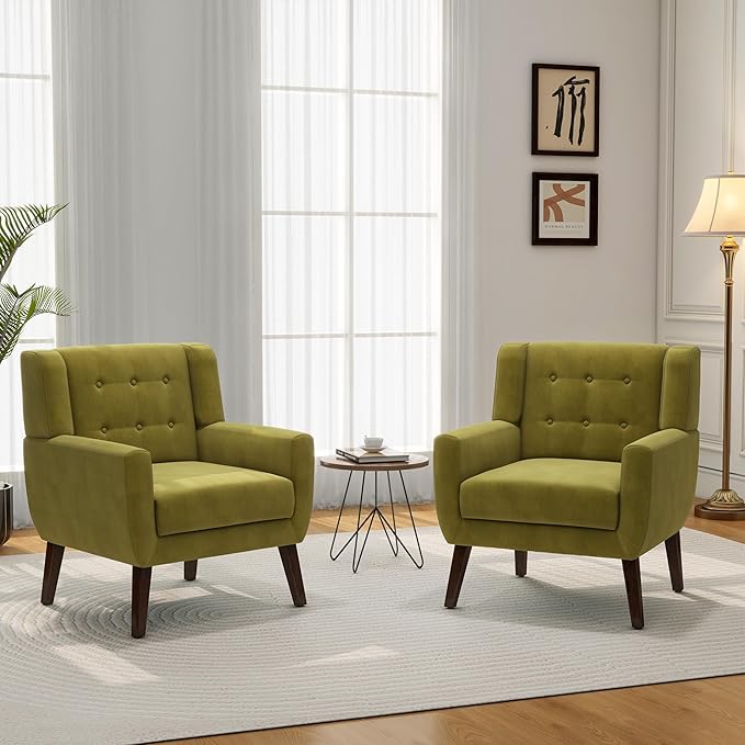 Accent Chair, Mid-Century Modern Velvet Fabric Chairs with Arms for Living Room, Comfy Upholstered Club Single Sofa Armchair for Bedroom Waiting Room with Solid Wood Frame (Velvet Green, Set of 1)