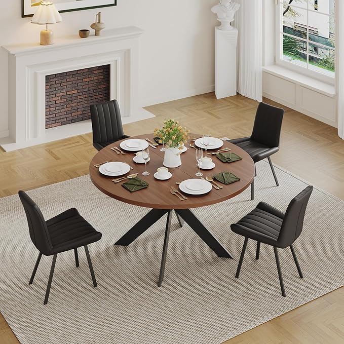 45.3" Walnut Round Dining Table Set with 4 Chairs – Mid-Century Modern Small-Space Kitchen & Dining Room Furniture for Apartment or Breakfast Nook (Boxwood – Table + 4 Black Chairs)