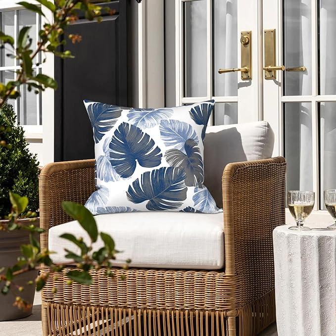 LVTXIII Outdoor Throw Pillow Covers 16 x 16 Inch, Covers ONLY Modern Cute Pattern Decorative Square Toss Pillow Case Pack of 2 for Home Patio Garden Sofa Bed Furniture, Monstera Blue