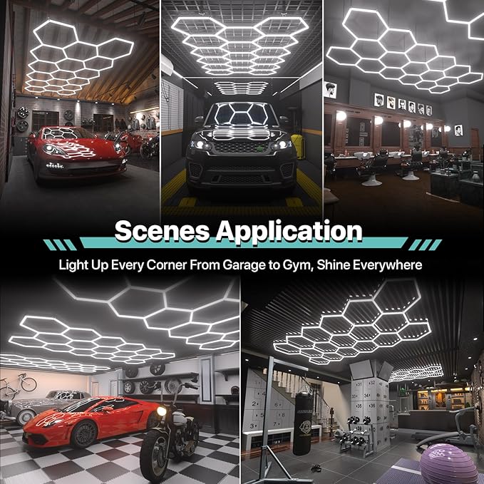 Hexagon Garage Lights: 476W 69 Pack 17 Grids LED Garage Lights - Easy Install 6500K Super Bright Honeycomb Light for Warehouse, Car Detailing Shop, Exhibition Hall, Gym