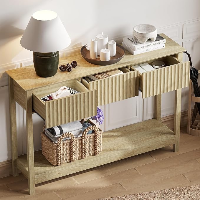 Treocho 47" Fluted Console Table with 3 Drawers, Narrow Long Entryway Table with Storage and Shelf, 2-Tier Sofa Table Behind Couch Accent Tables for Entrance Foyer, Hallway, Living Room, Oak