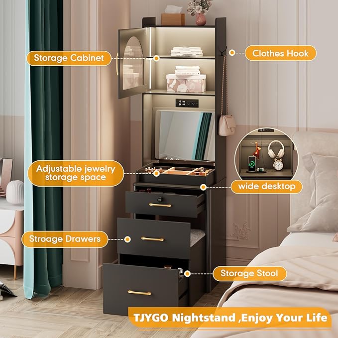 KAMABOKO Vanity Desk with Mirror and Lights, Large Makeup Vanity Table Set with Drawers & Cabinets & Power Outlet, 3 LED Lights Modes Adjustable (029 Black)