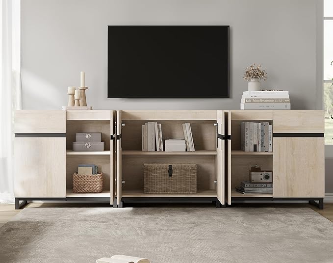 WAMPAT Modern TV Stand for TVs Up to 110 Inch, 3 in 1 Wood Entertainment Center Console Table With Adjustable Shelves and Metal Base for Living Room, Bedroom, Light Oak