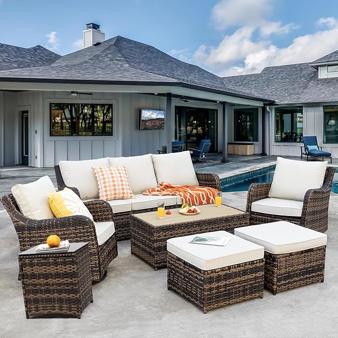 7 Pieces Patio Furniture Set with Swivel Chair, Outdoor Patio Conversation Set, Patio Sectional Furniture Set with 2 Swivel Rocker Patio Chair and Sofa, 2 Ottomans and Coffee Table (Brown)