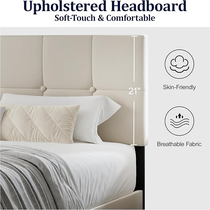 Full Size Bed Frame, Full Size Platform Bed Frame with Headboard, Upholstered Headboard, Sturdy Wooden Slats, Noiseless No Box Spring Required, Easy to Assemble, Beige