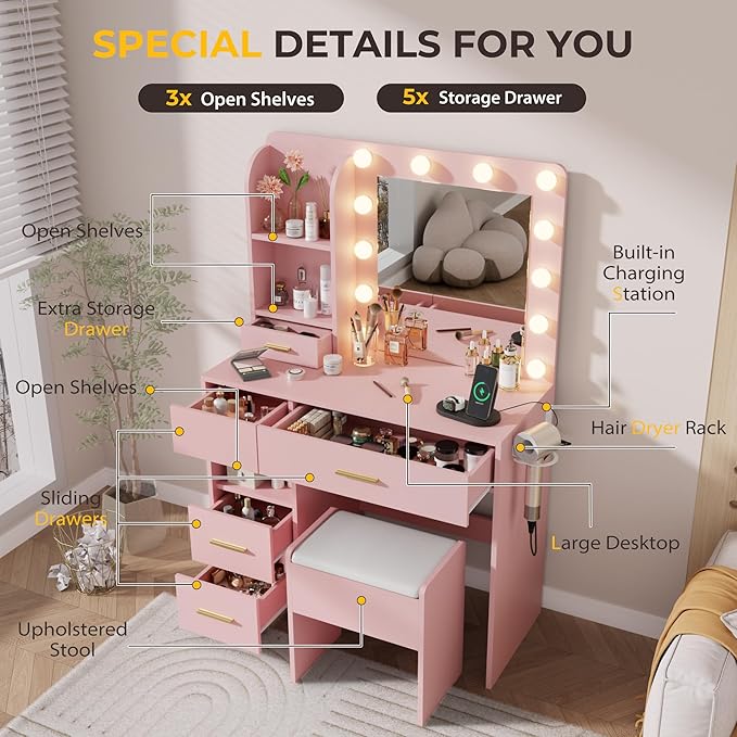 Vanity Desk with LED Lighted Mirror&Power Outlet, 3 Lighting Colors Makeup Vanity Desk with 5 Large Drawers and 3 Storage Shelves, Pink Vanity with Storage Stool for Bedroom
