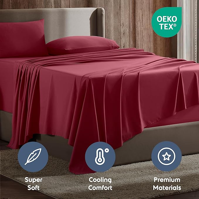 Nestl Split King Sheet Set - 1800 Ultra-Soft Microfiber Bed Sheets - Double Brushed - Deep Pockets - Easy Fit - 5 Piece Set - Bed Sheets & Pillowcases (Split King Size, Burgundy Red)