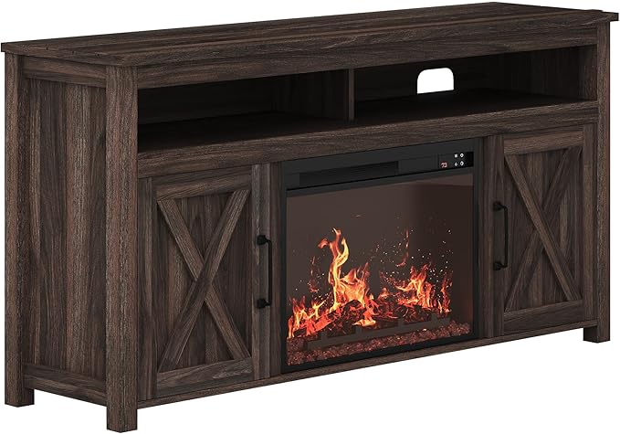 BELLEZE Barn Door Wood Electric Fireplace TV Stand for TVs up to 65 Inches Open Shelves and Cabinets Media Entertainment Center Console Table - Corin (Dark Walnut)