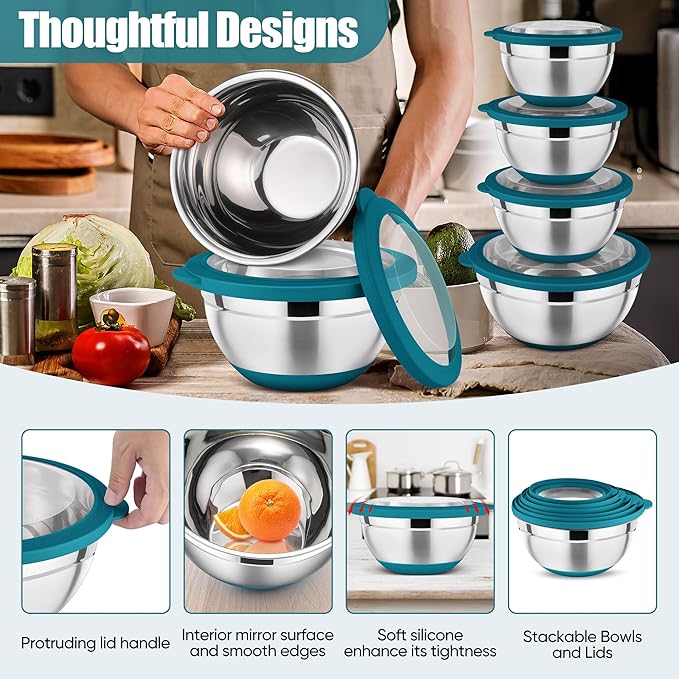 P&P CHEF Blue Mixing Bowls Set of 6, Stainless Steel Mixing Bowl with Visible Lids for Salad, Metal Nesting Serving Bowls for Kitchen Cooking Prepping Storing Food, 4.6/3.5/2.6/2/1.5/1 QT