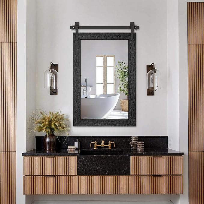 Farmhouse Bathroom Mirror for Over Sink 22”x32” Black, Rustic Western Barn Decor Bathroom Vanity Mirror, Wall Mirror for Bathroom, Living Room, Bedroom, Entryway