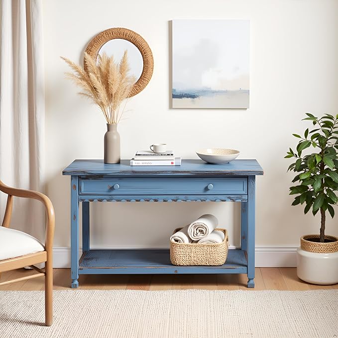 Alaterre Furniture Rustic Cottage Media Console Table, Antique Blue with 1 Drawer and 1 Shelf, Hardwood Construction, Ideal for Living Room or Entryway