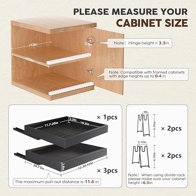 4Pack Expandable Pull Out Cabinet Organizer 21"Deep With Raising Pad for Framed Cabinets,Slide Out Drawers with 4pcs Divider Racks,Roll Out Shelves Adhesive,Adjustable Width 12.05"-20.4"Black