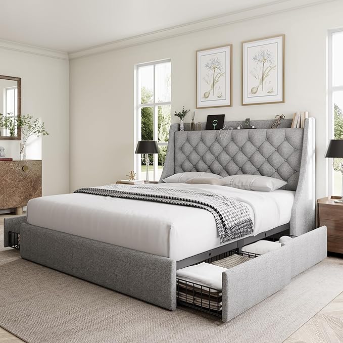 Queen Bed Frame with 4 Storage Drawers, Giant Upholstered Wingback Headboard, Fast Charging Station, No Box Spring Needed, Noise-Free, Light Gray