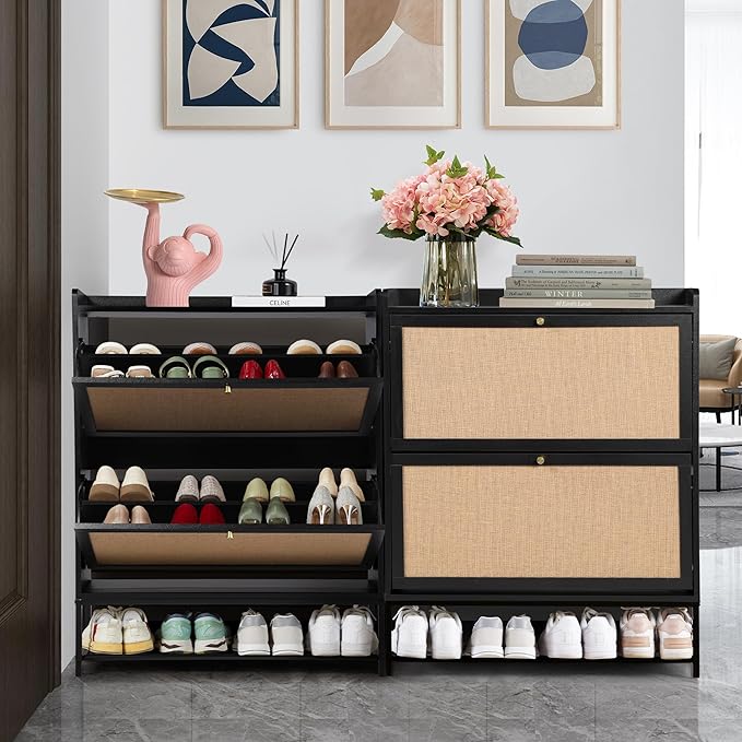 LEVNARY Shoe Cabinet for Entryway, Black Slim Shoe Cabinet with 2 Flip Drawers Narrow Shoe Storage Cabinet, 2 Tier Freestanding Shoe Organizer for Entryway, Hallway, Living Room (2, Black)