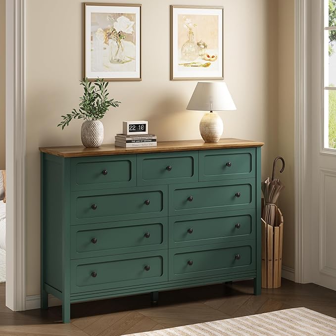 CARPETNAL Green Dresser for Bedroom, 55" Wide 9 Drawer Dresser with Metal Handles and Deep Drawers, Modern Large Wood Chest of Drawers for Living Room, Hallway.
