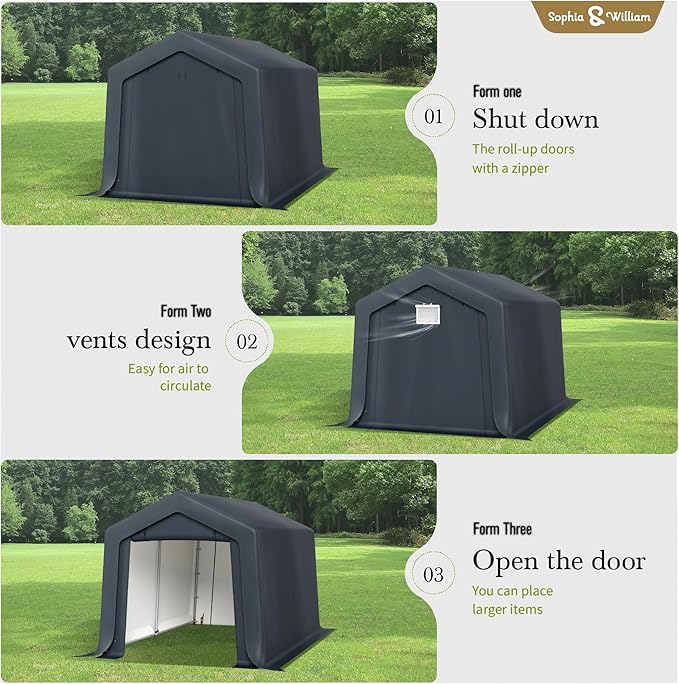 Sophia & William Outdoor Storage Shed Carport 8x12 ft Heavy Duty, Portable Garden Yard Car Port Shelter Storage Tent Garage with Roll Up Doors and Ventilation, Grey
