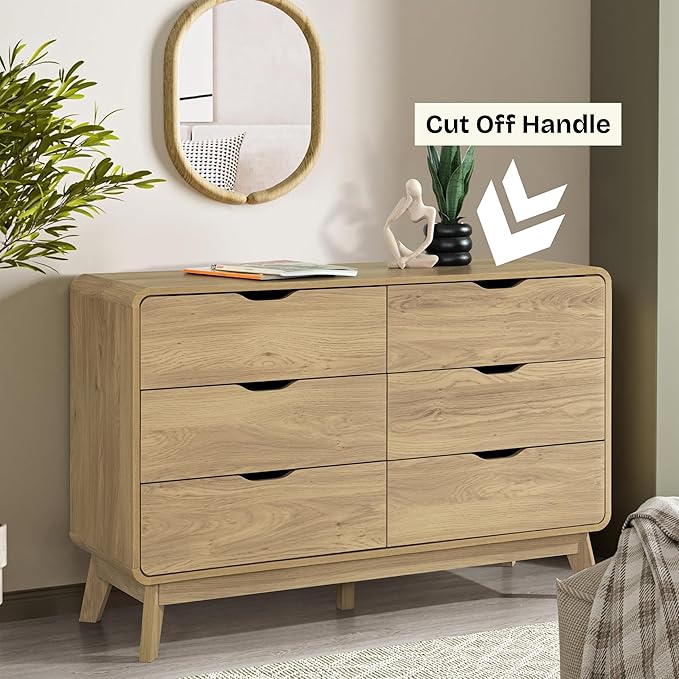 Meadow 6 Drawer Dresser for Bedroom, 47.2″ W Modern Wide Chest of Drawers, Wood Storage Organizer for Clothes, Entryway, Hallway, Nursery or Living Room, Oak