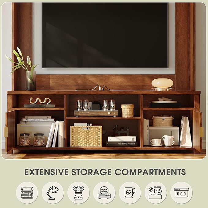 70.9"H TV Stand, Modern Chic Entertainment Center for TVs Up to 70 inches, Extra 4 Storage Wooden Shelves, Magnetic cabinet doors & Curved Profile Design, Media Console for Living Room, Walnut Brown