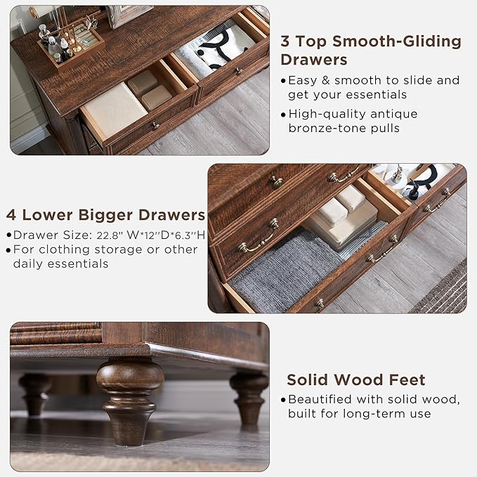 T4TREAM Farmhouse 7 Drawers Dresser Chests for Bedroom w/ 4 Solid Wood Feet & Column Decor, Tall Wide Wood Country Rustic Chest of Drawers, Storage Dressers for Bedroom, Living Room,Reclaimed Barnwood