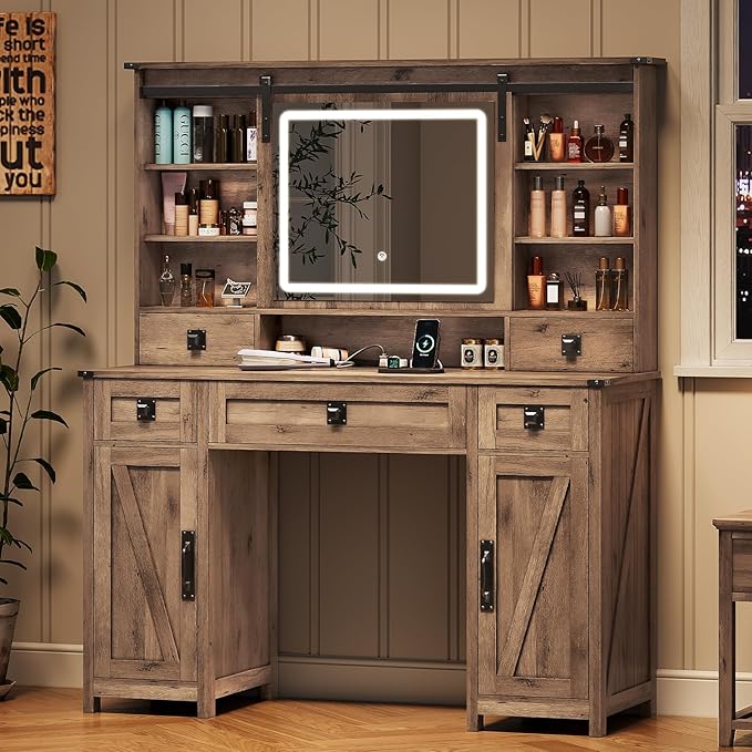 Makeup Vanity Desk with Lights, 47.2" Farmhouse Vanity Table with Sliding Mirror & Charging Station, Large Makeup Desk with 5 Drawers & 2 Cabinets, Rustic Oak