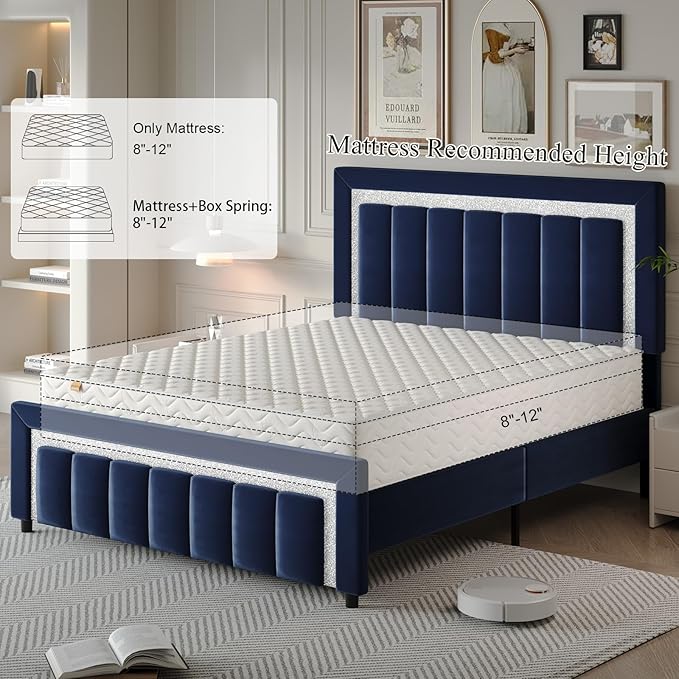 HOMBCK Queen Bed Frame with Headboard and Footboard and Footboard, Velvet Upholstered Platform Bed Frame with Diamond Design, No Box Spring Needed, Easy Assembly, Blue