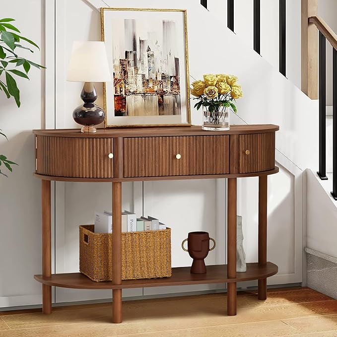 43.3“ Fluted Half Moon Console Table, Modern Entryway Console Sofa Table with Storage, Narrow Wood Accent Tables Behind Couch Tables for Living Room, Hallway, Foyer(Walnut)