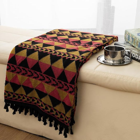 Gealaek Boho Throw Blanket Lightweight Soft Cozy Decorative Blankets for Sofa Bed Farmhouse Throw Blanket Aztec Blanket with Tassel Black Red Mustard Checkered 50" x 60"