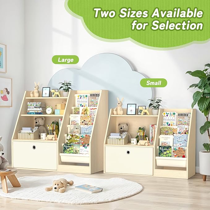 TOETOL Kids Bookshelf & Book Storage，4 Sling Wooden Toddler Book Shelf，2-Tier Wooden Open Bookcase & Storage Organizer Boxes for Nursery, Playroom, Bedroom