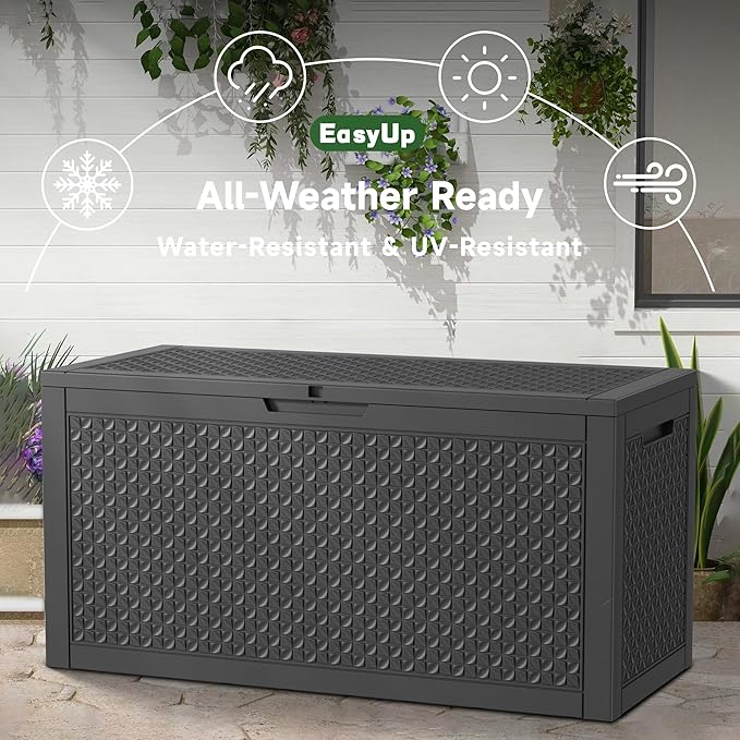 100 Gallon Outdoor Storage Box Waterproof, UV Resistant Resin Deck Box with Hydraulic Rod, Reinforced Stability for Patio, Garden, Quad Leaf Black