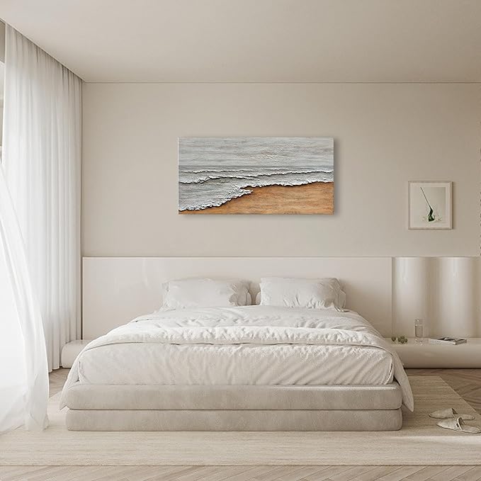 Art Hand-Painted Yellow and White Ocean Beach Landscape Oil Painting Modern Abstract Canvas Art Home Wall Decoration 24x48 inches