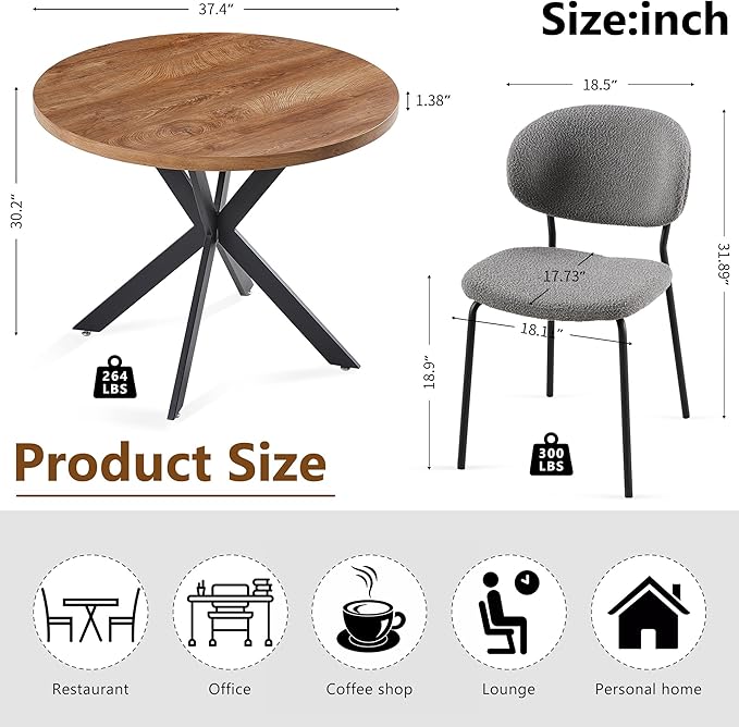 Modern Dining Table Set for 2, 3-Piece Set, 37" Round MDF Coffee Table With 2 Seated Grey Boucle Chairs Upholstered, Metal Legs for Dining Hall, Living Room